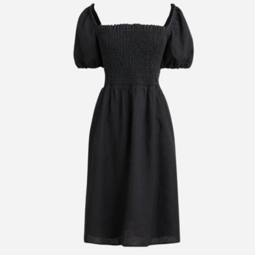 J Crew 100% Linen Black Smocked Puff Sleeve Dress Size XS